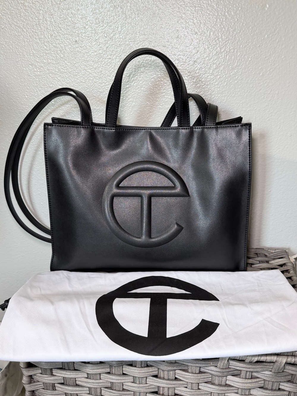 Telfar Black Leather Shopping Tote with Embossed Logo